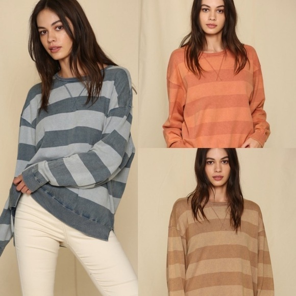 Blue Striped V-Stitched Stone Washed Sweater - Picture 4 of 12